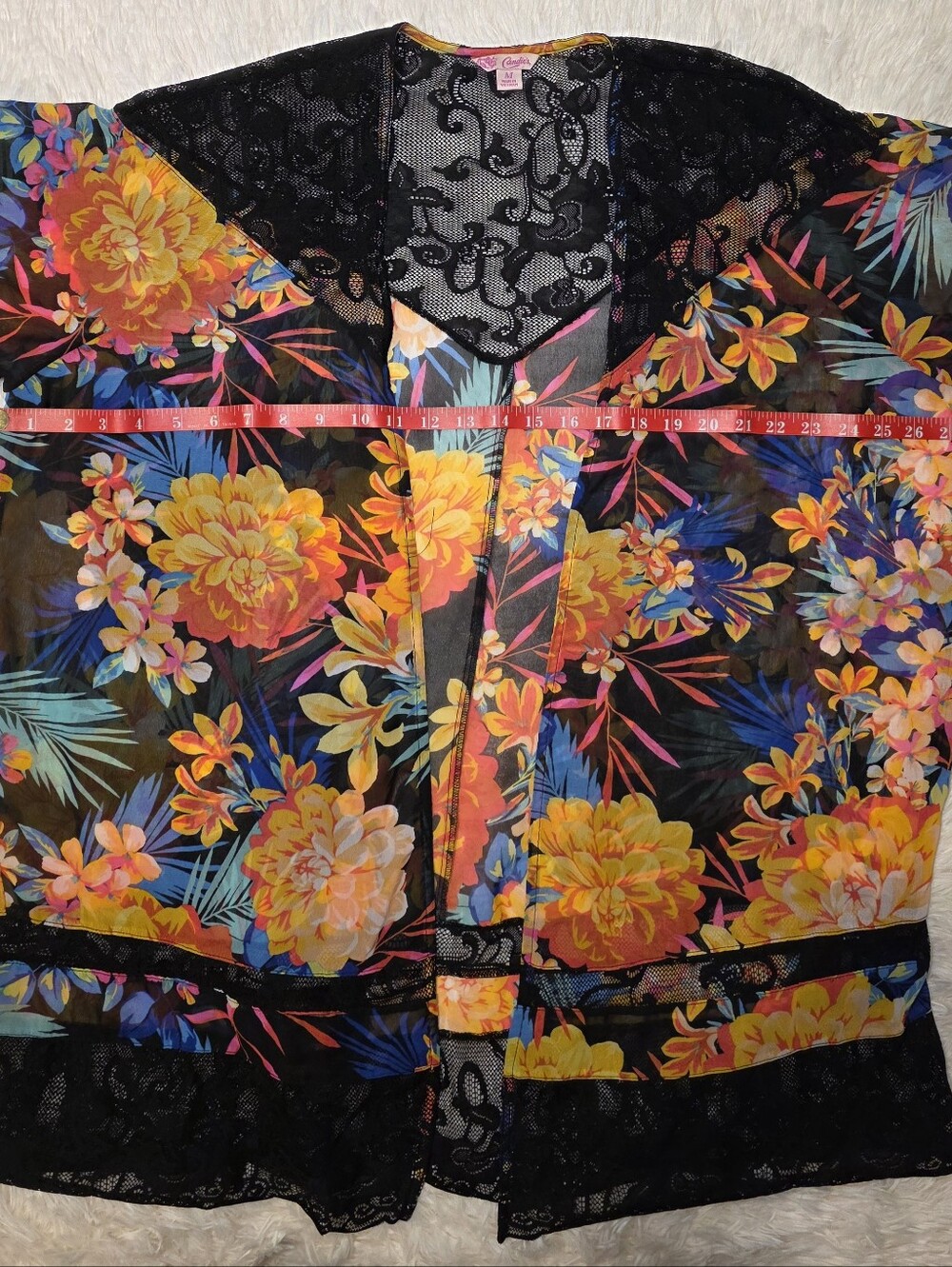 Candie's Sheer Kimono Robe with Multicolor Floral Print And Black Lace